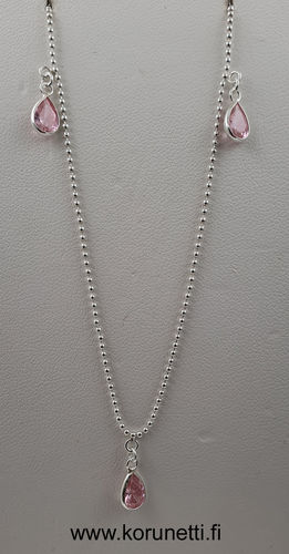 Hopeinen nilkkaketju pinkeillä zirkonipisaroilla 24.5 + 2.5 cm